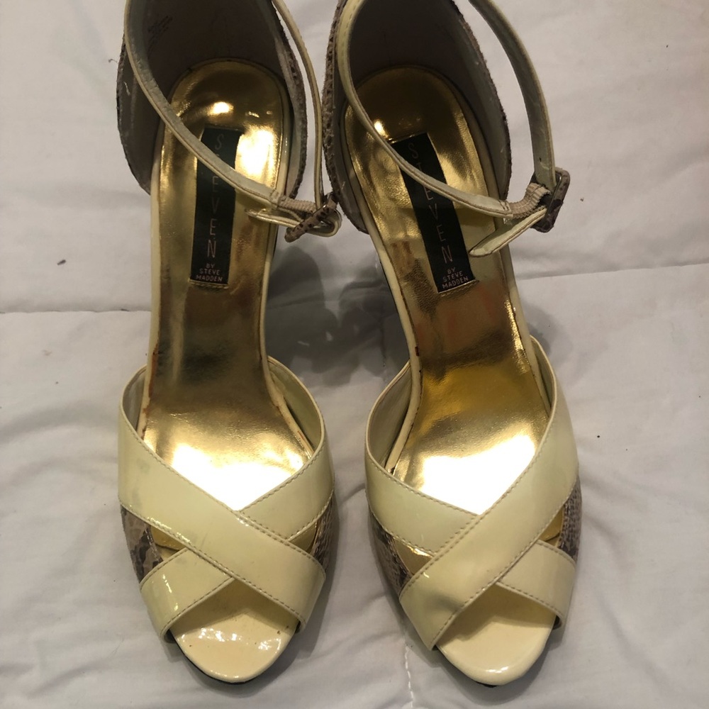 Winter white and taupe snake skin D’orsay heels